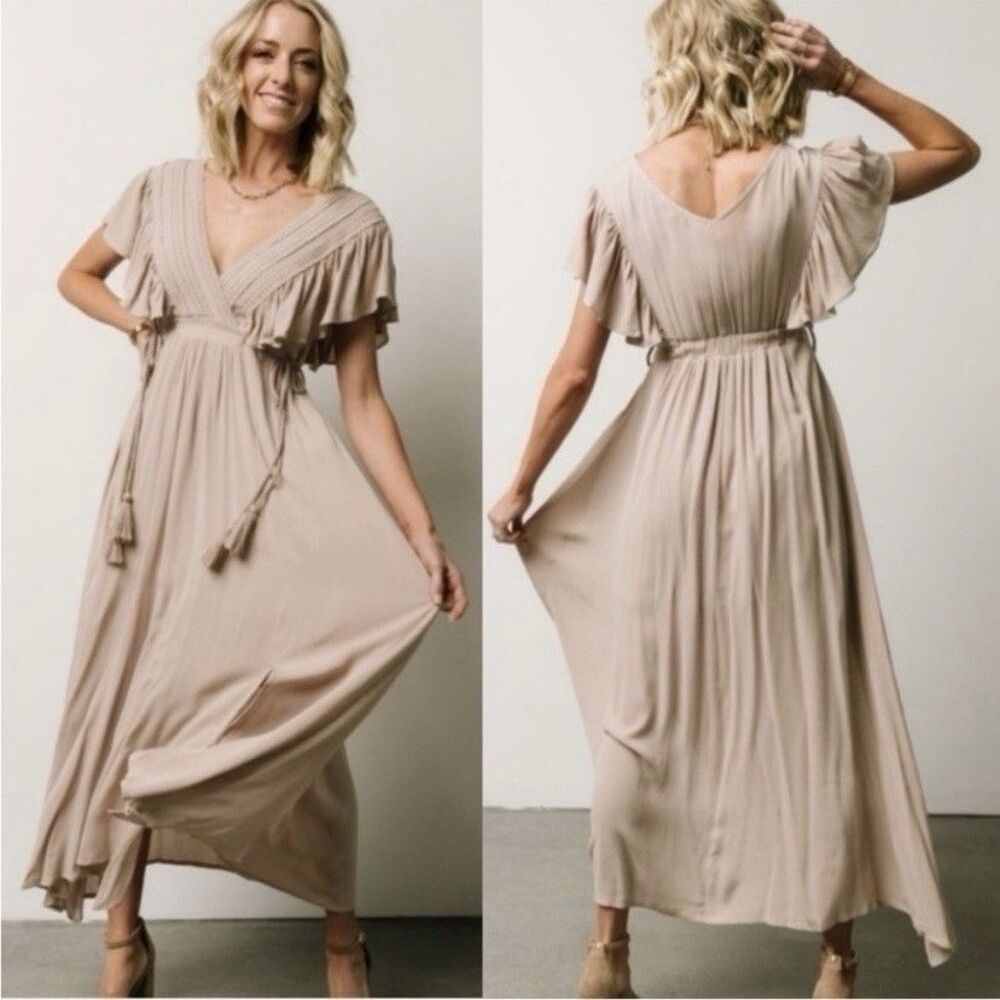 Baltic Born Jennifer Deep-V Maxi Dress Tassel Ties Crochet Flutter Sleeves Small